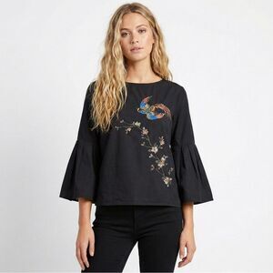 Jealous Tomato Embroidered Bell Sleeve Top Medium Washed Black Boho Bird Floral